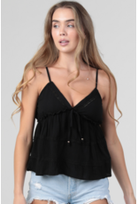 V Neck Spaghetti Strap Lace Trim Tank (Black)