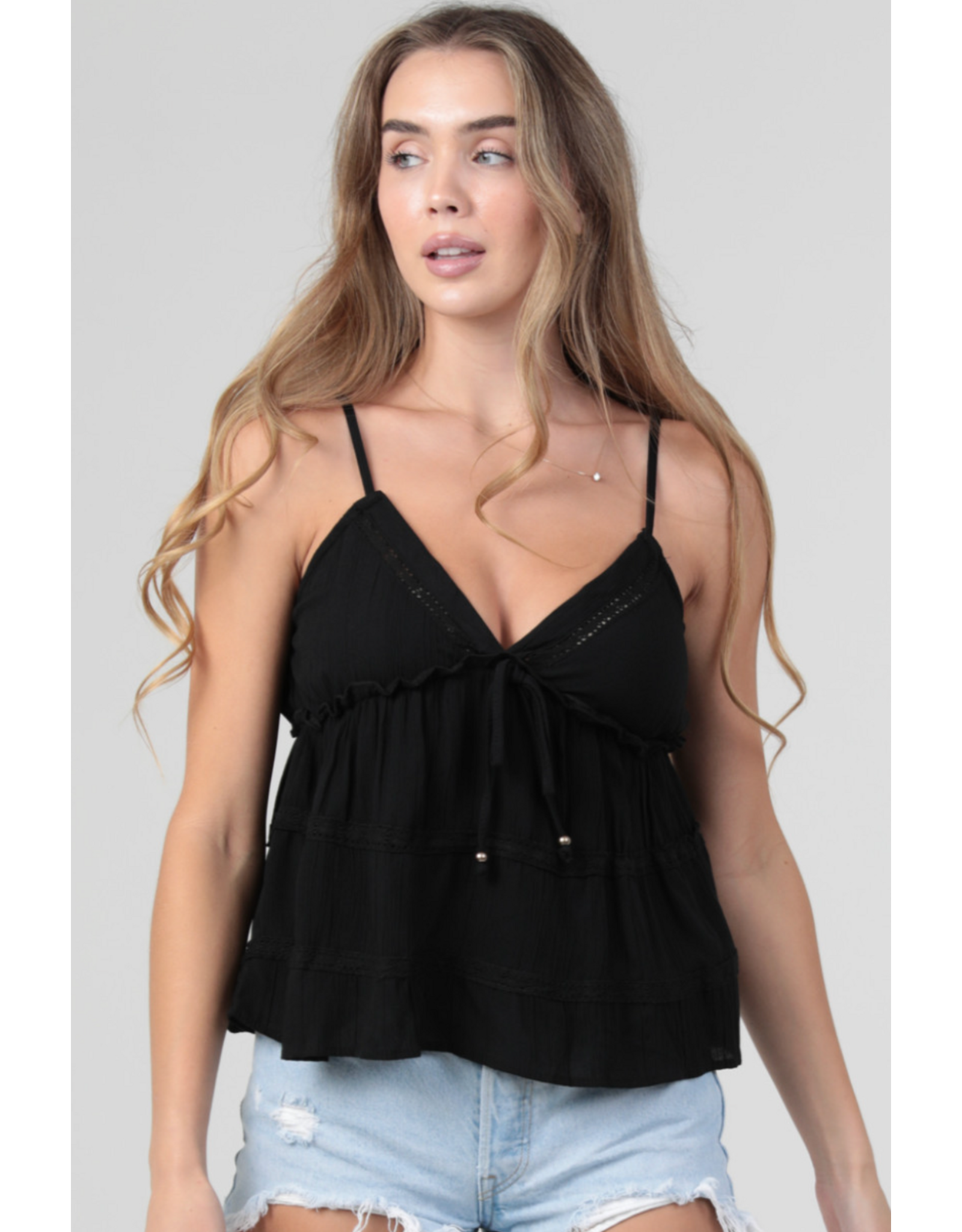 V Neck Spaghetti Strap Lace Trim Tank (Black)