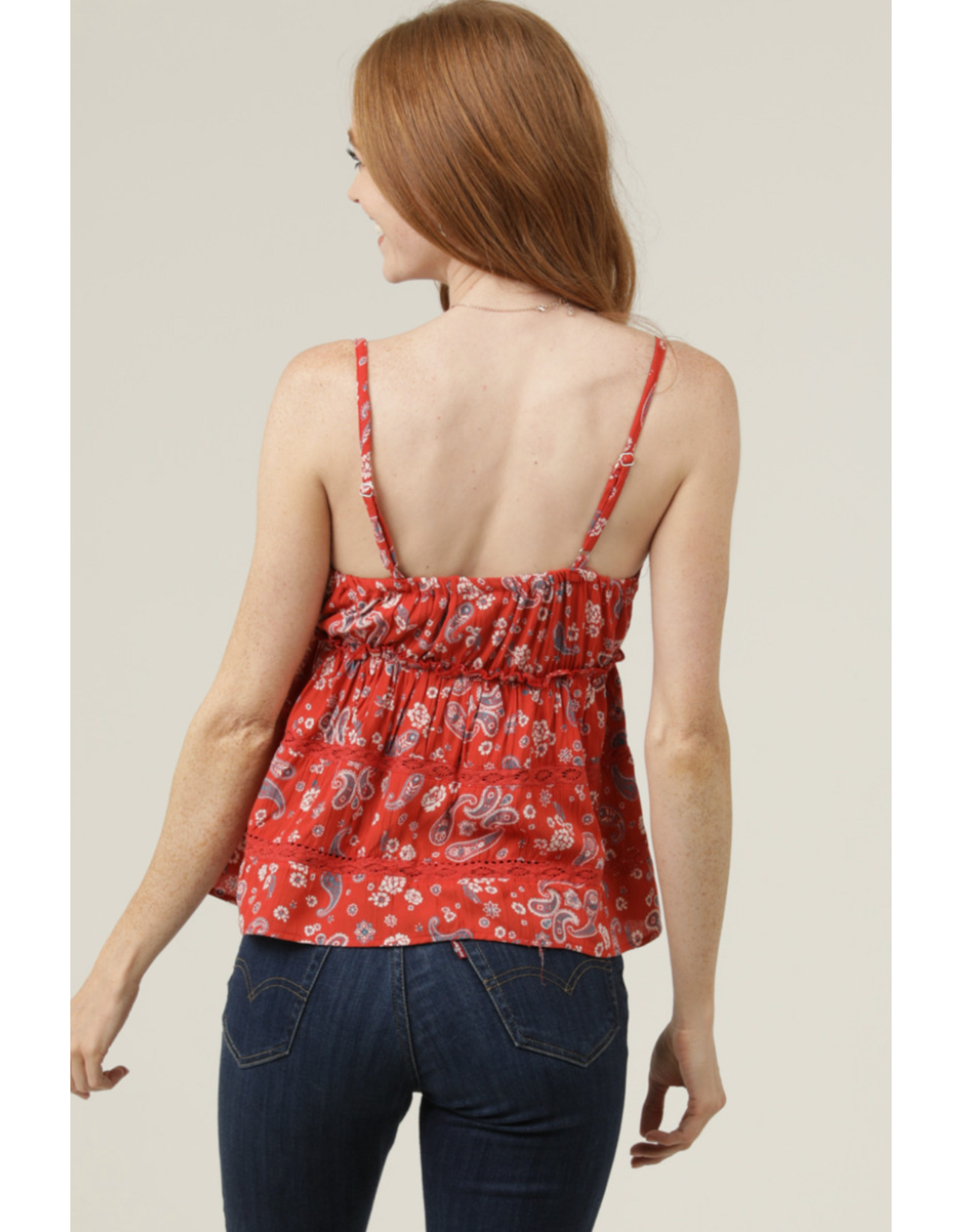 V Neck Spaghetti Strap Lace Trim Top with Tie (Red)