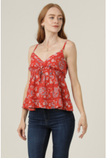 V Neck Spaghetti Strap Lace Trim Top with Tie (Red)