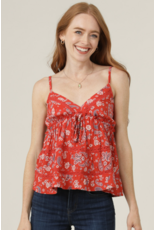 V Neck Spaghetti Strap Lace Trim Top with Tie (Red)