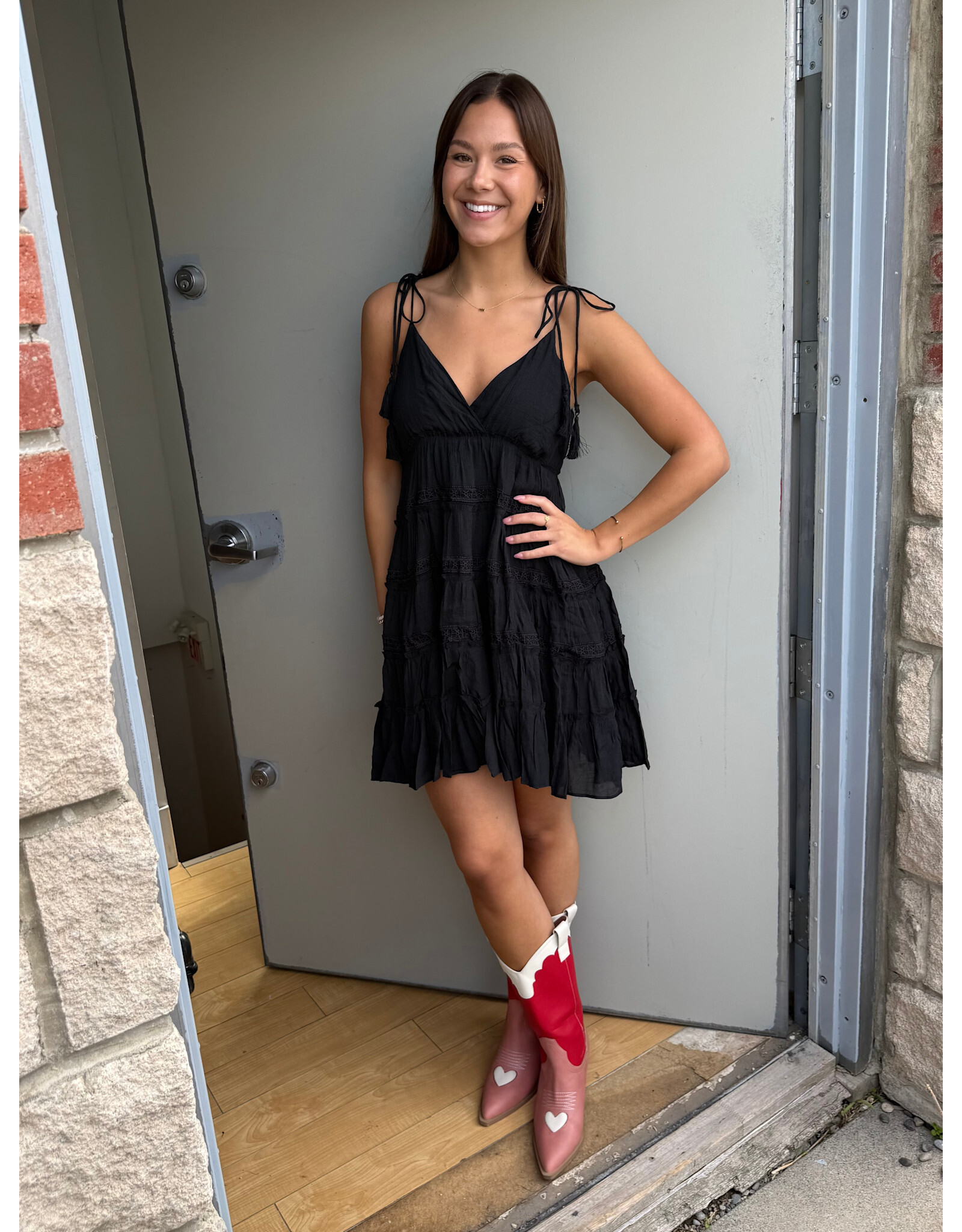 ee:some V Neck Dress with Tie Shoulder Straps (Black)