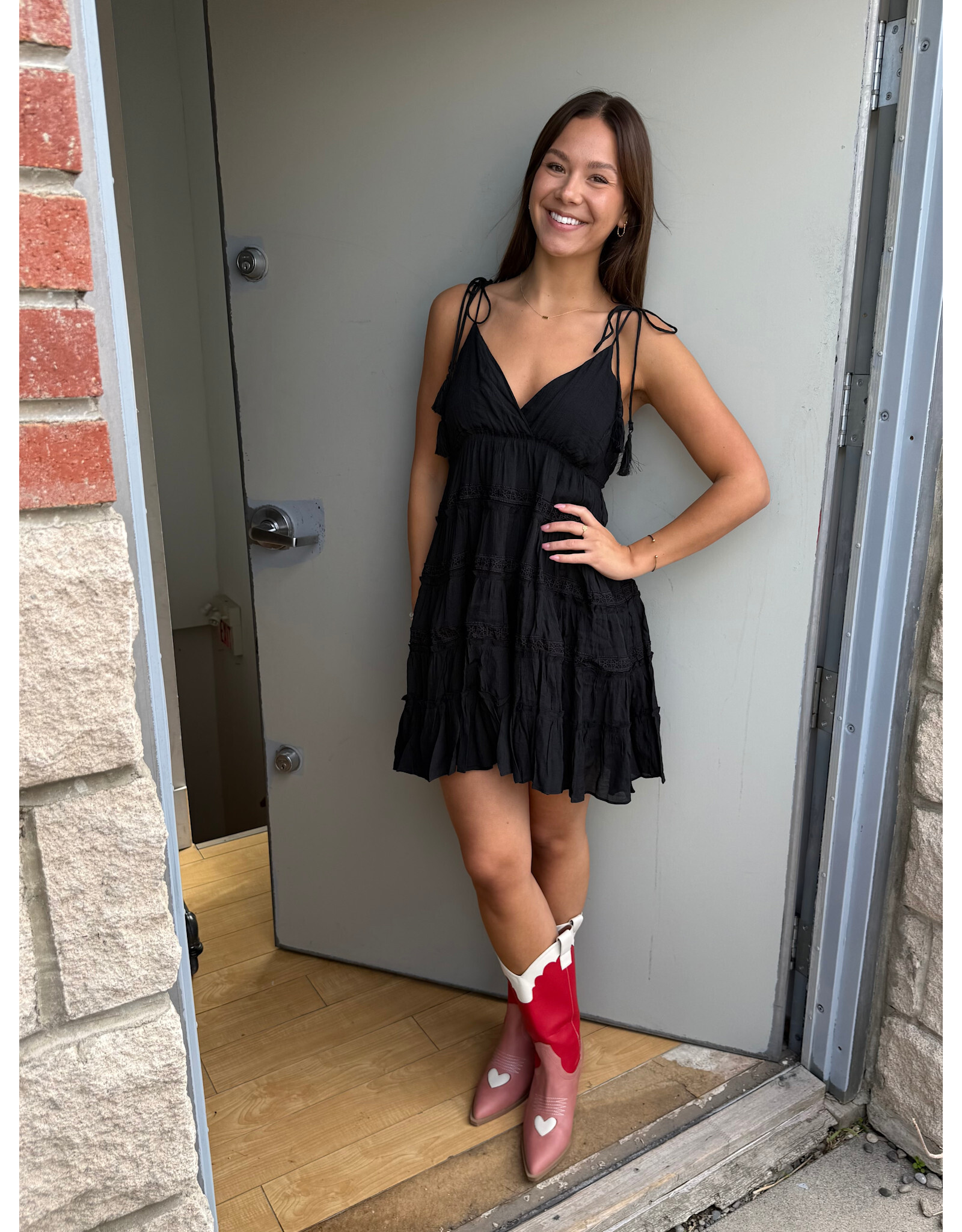 ee:some V Neck Dress with Tie Shoulder Straps (Black)