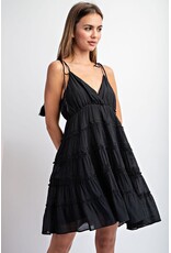 ee:some V Neck Dress with Tie Shoulder Straps (Black)