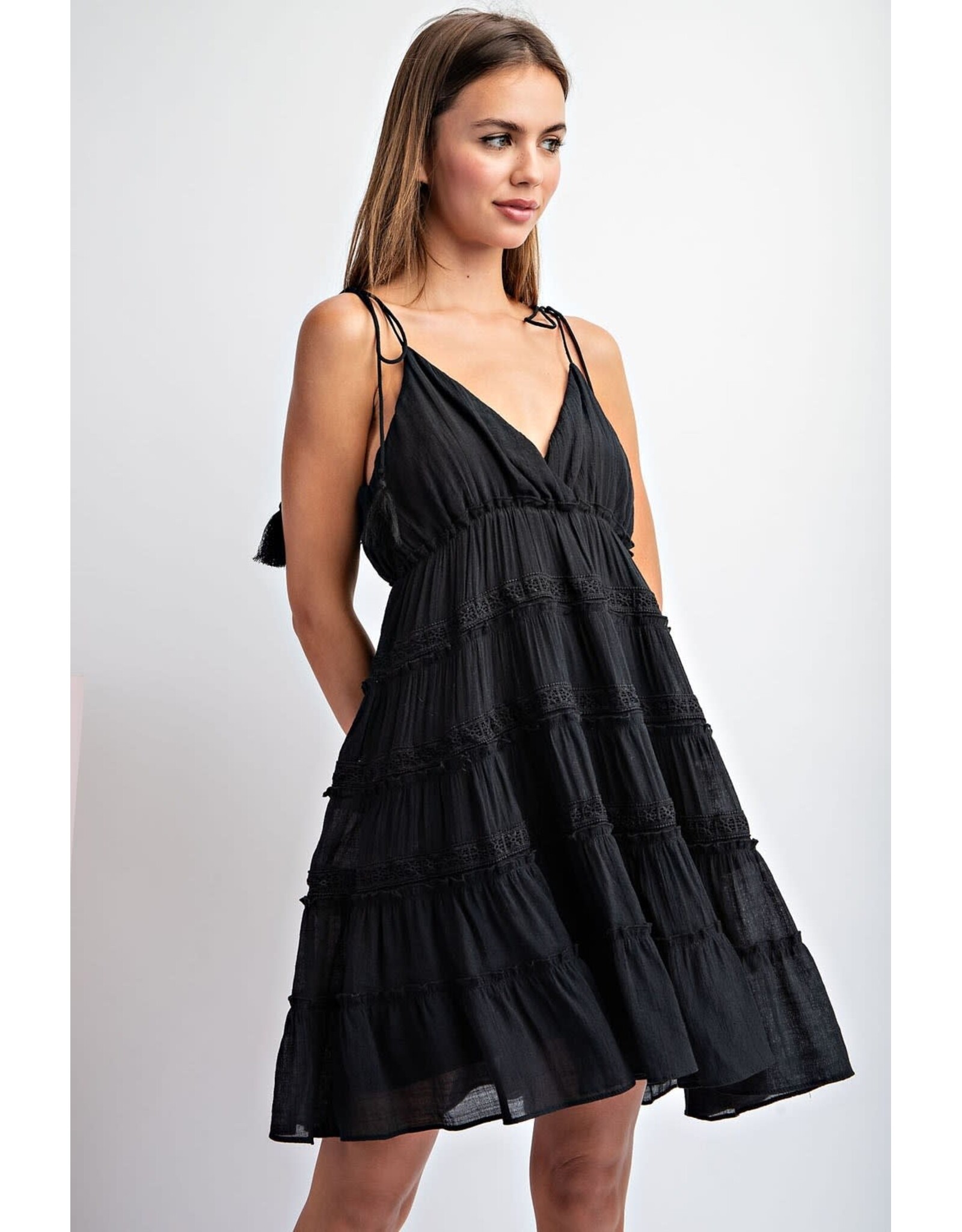 ee:some V Neck Dress with Tie Shoulder Straps (Black)