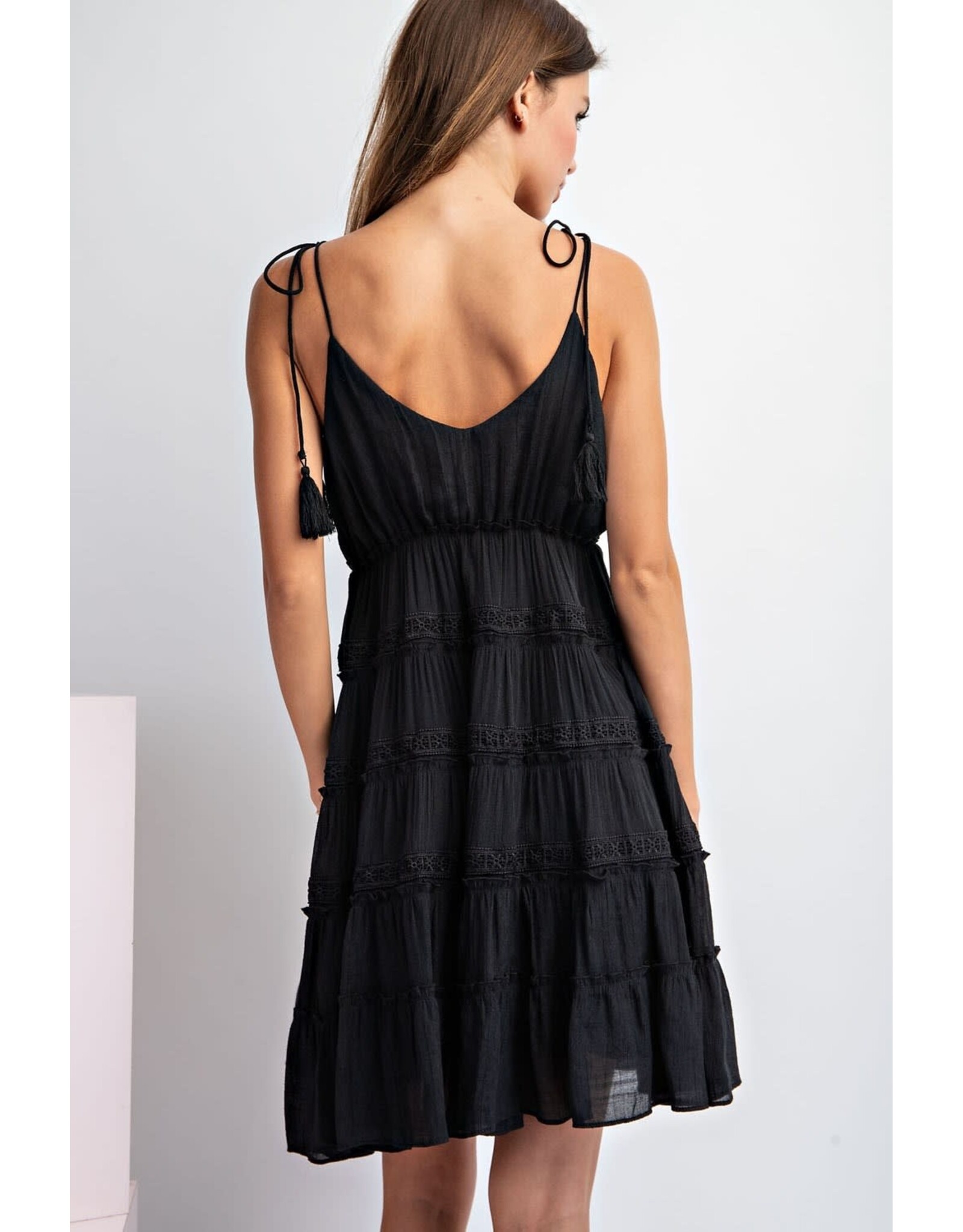 ee:some V Neck Dress with Tie Shoulder Straps (Black)