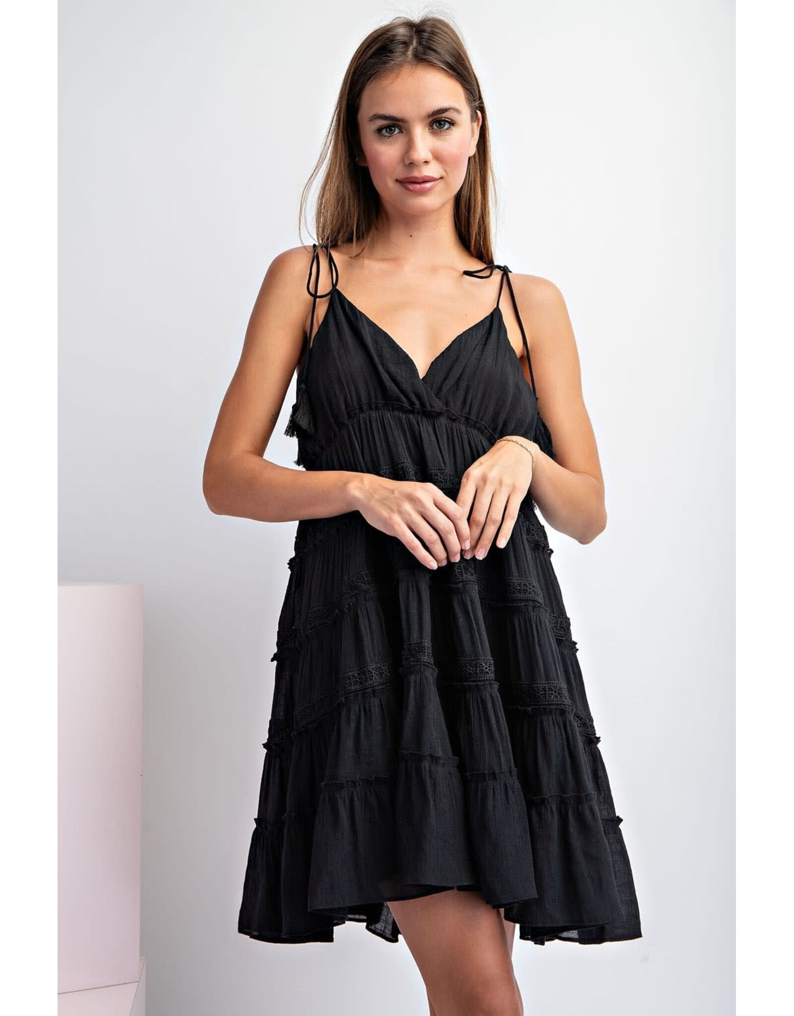ee:some V Neck Dress with Tie Shoulder Straps (Black)