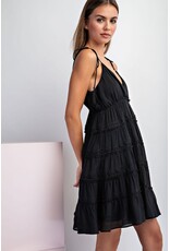 ee:some V Neck Dress with Tie Shoulder Straps (Black)