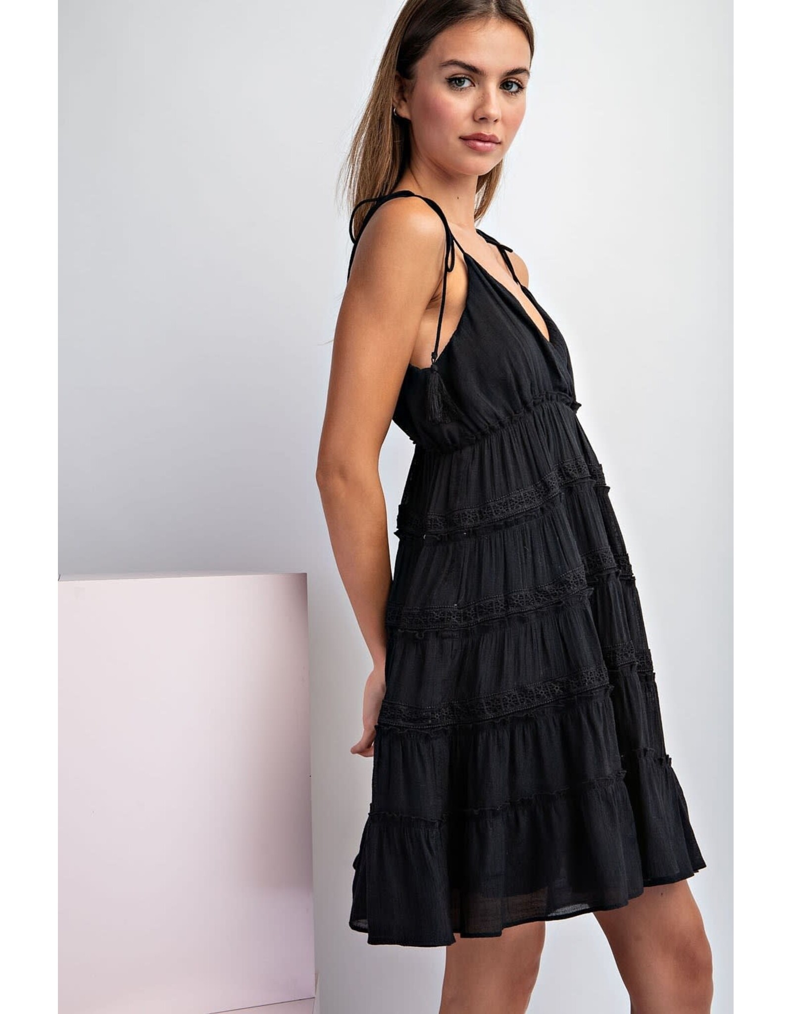 ee:some V Neck Dress with Tie Shoulder Straps (Black)