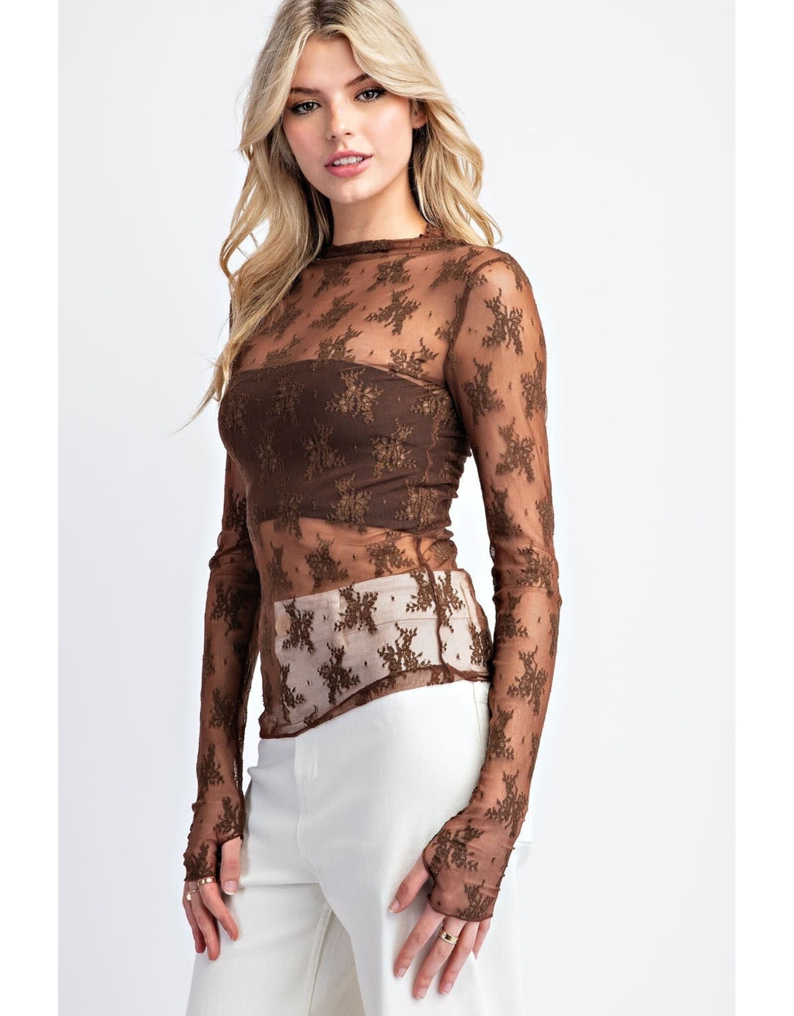 ee:some Long Sleeve Lace Top (Brown)