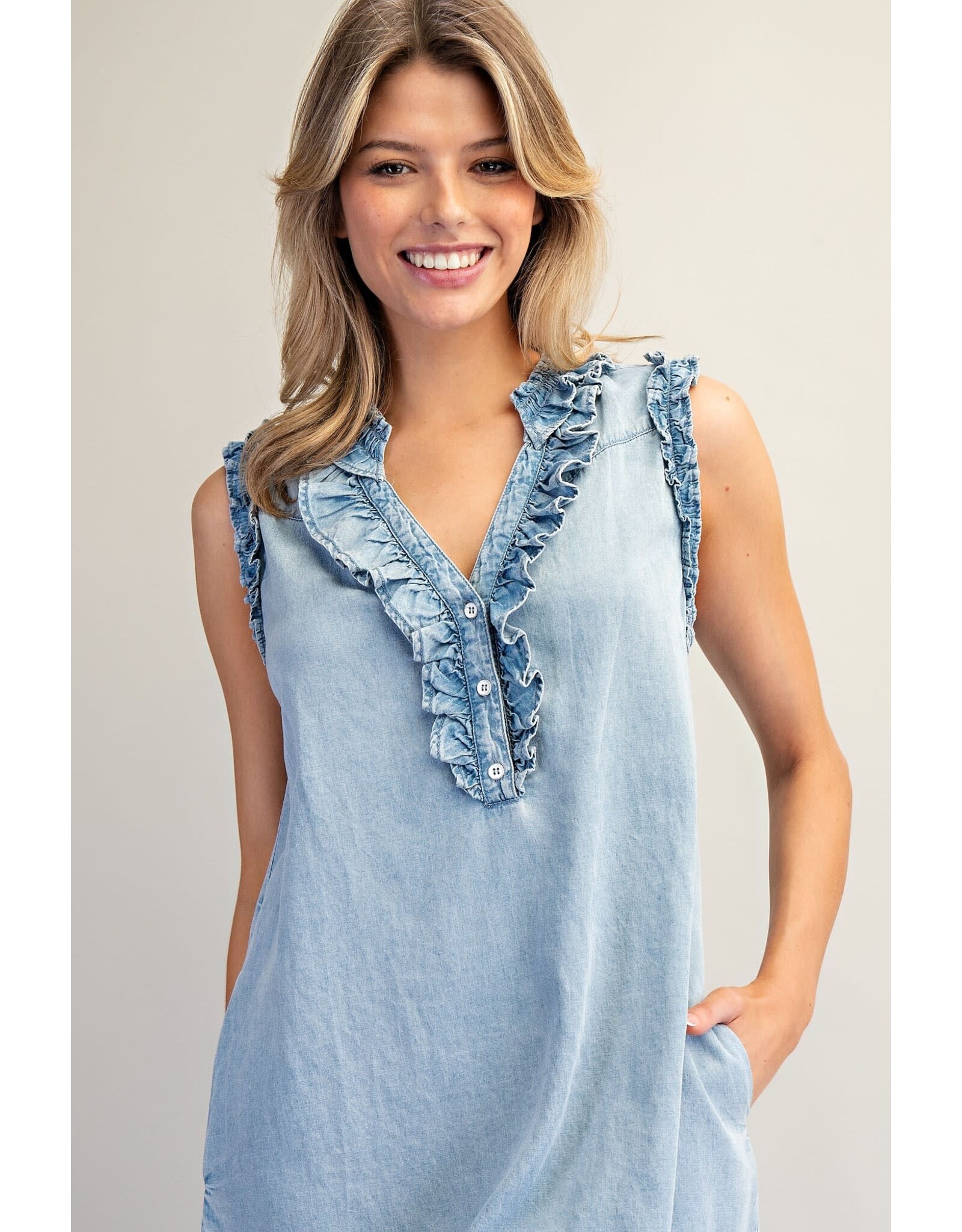 ee:some Sleeveless Denim Dress with Ruffle Trim