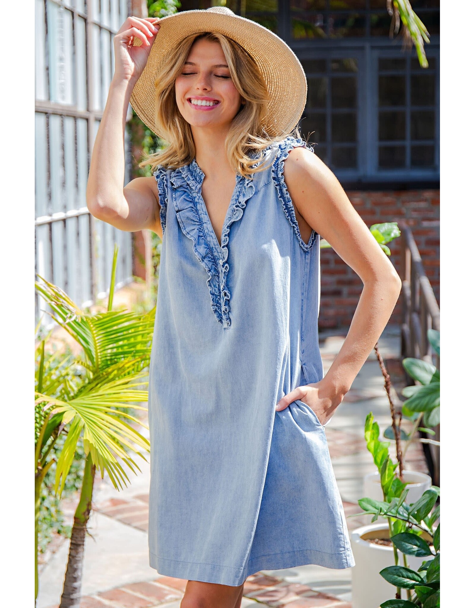 ee:some Sleeveless Denim Dress with Ruffle Trim