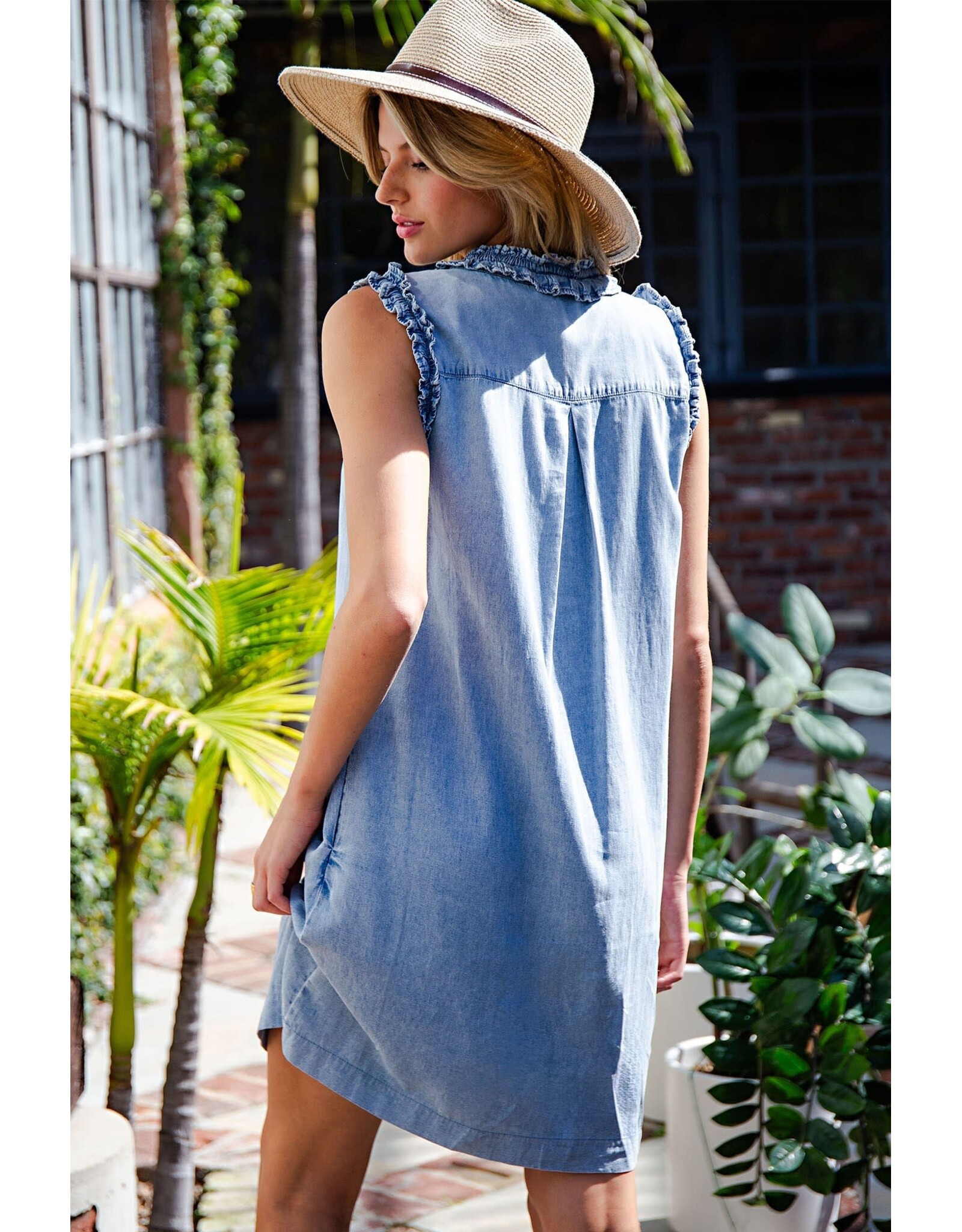 ee:some Sleeveless Denim Dress with Ruffle Trim