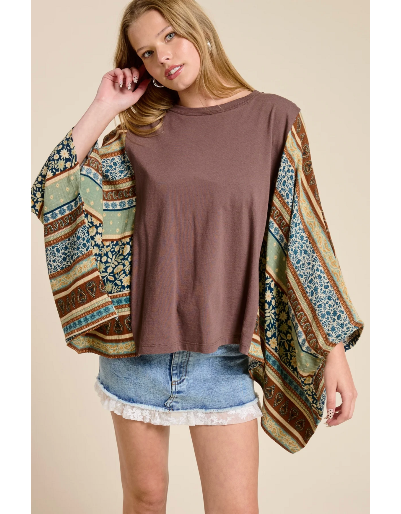 Zutter Boho Contrast Poncho Top (Brown)