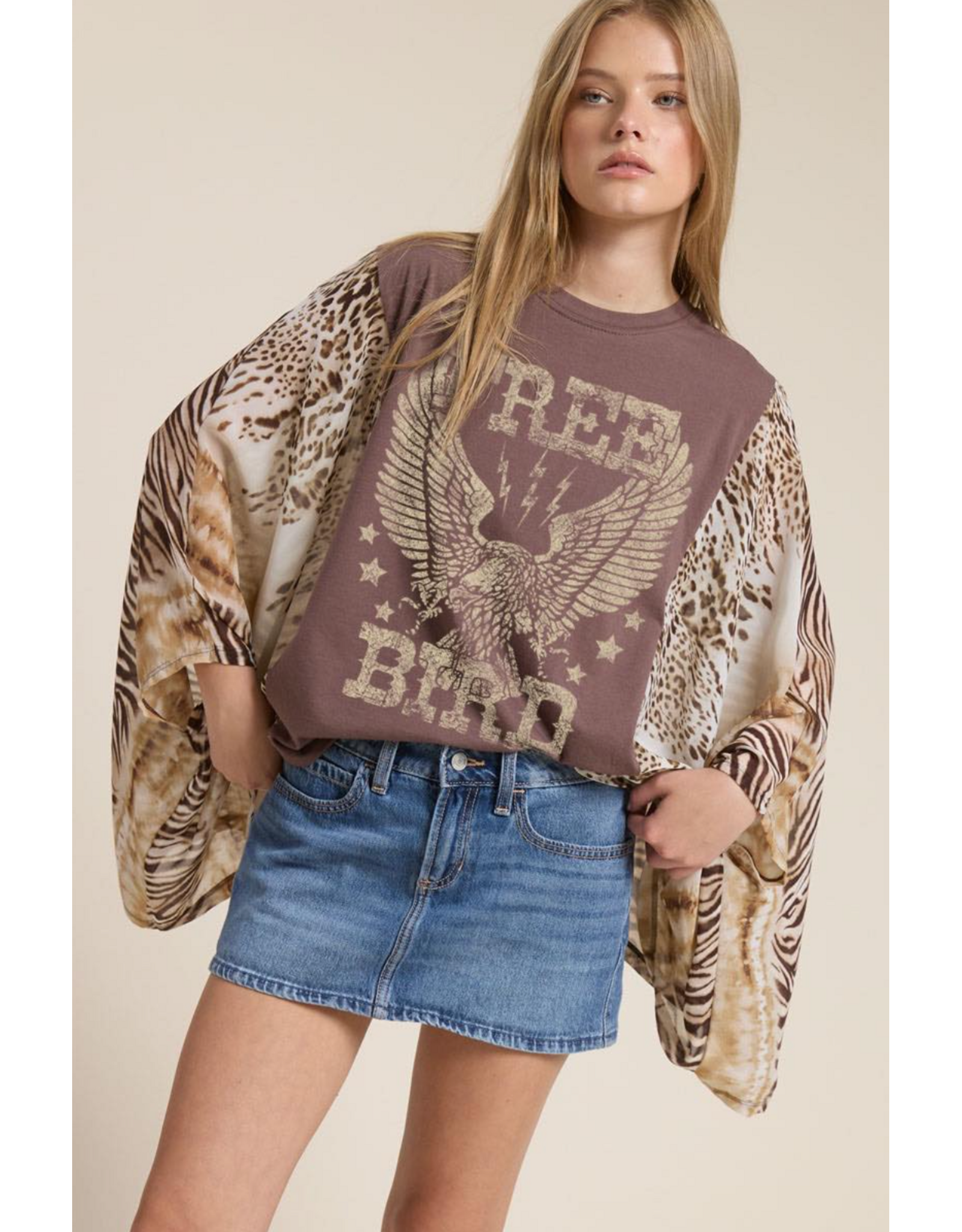Zutter Free Bird 1 Tone Vintage Graphic Kantha Top (Brown)