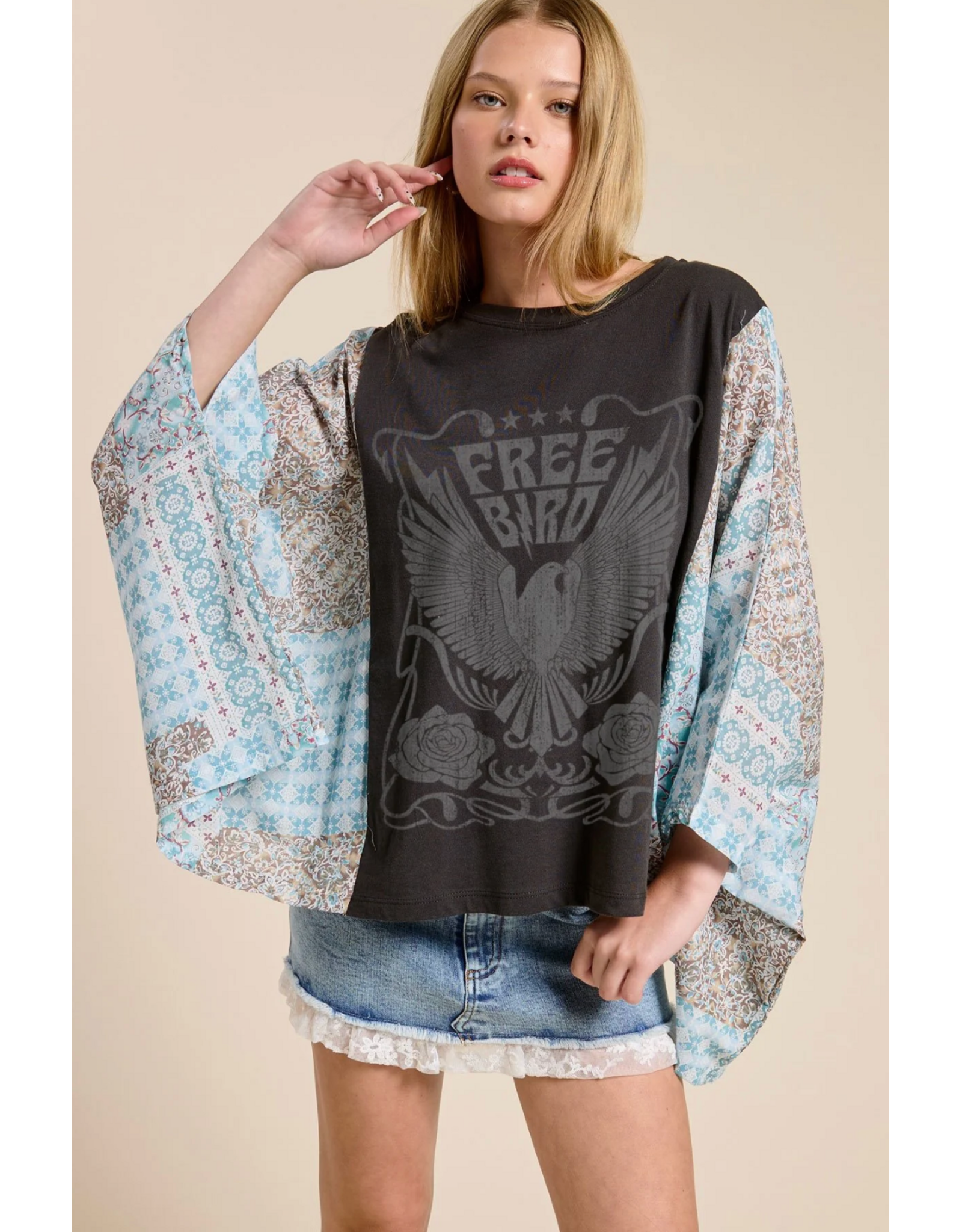 Zutter Free Bird Vintage Graphic Boho Kaftan Top (Black)