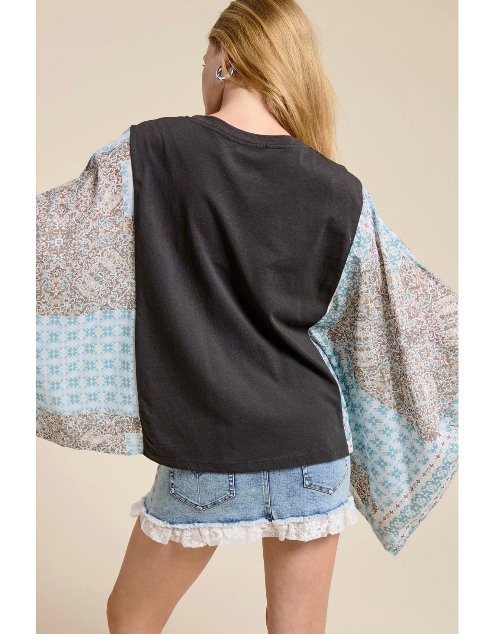 Zutter Free Bird Vintage Graphic Boho Kaftan Top (Black)