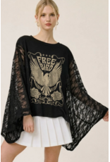 Zutter Free bird vintage graphic relaxed kaftan top w/lace sleeves (Black)