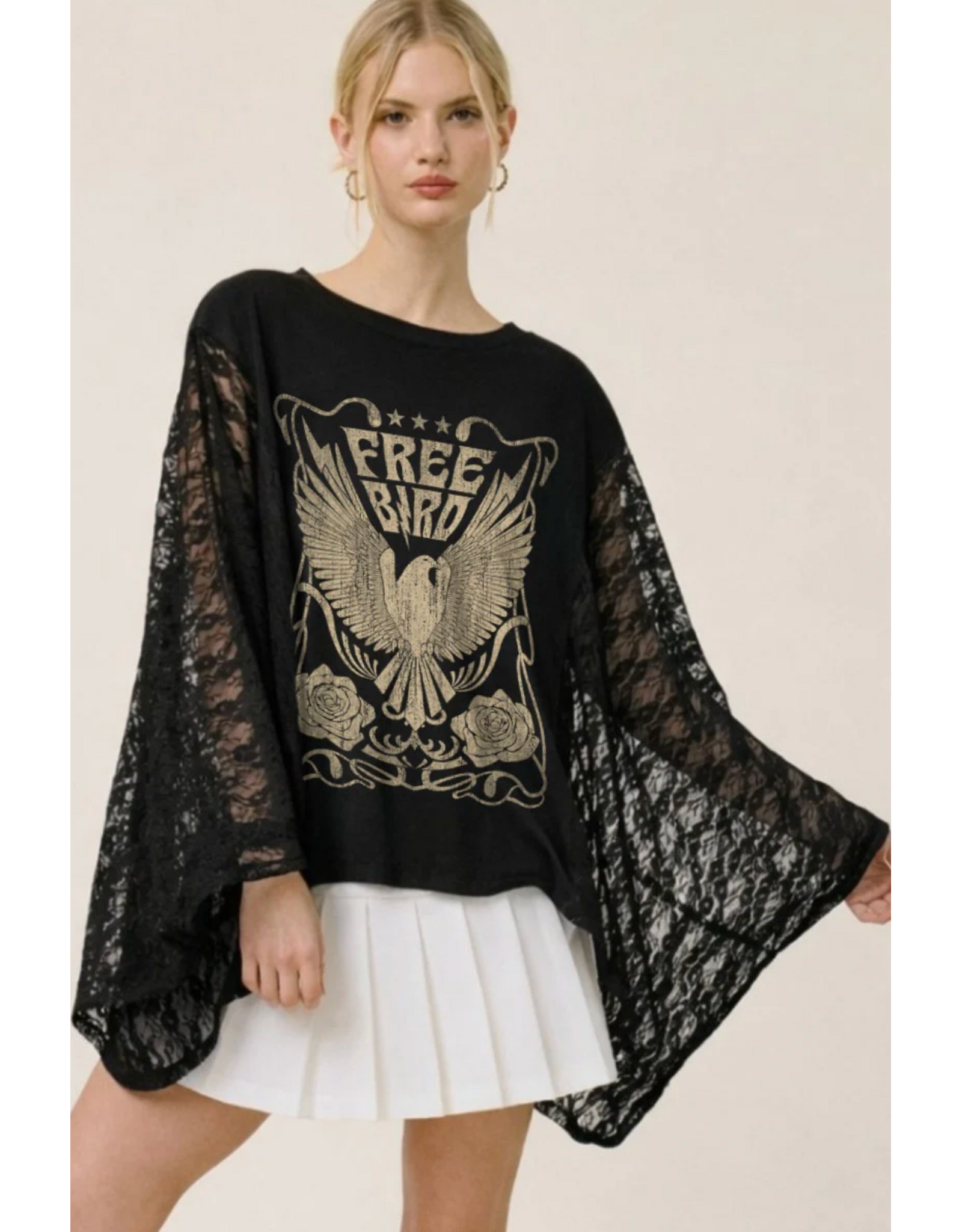 Zutter Free bird vintage graphic relaxed kaftan top w/lace sleeves (Black)