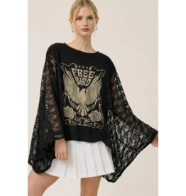 Zutter Free bird vintage graphic relaxed kaftan top w/lace sleeves (Black)