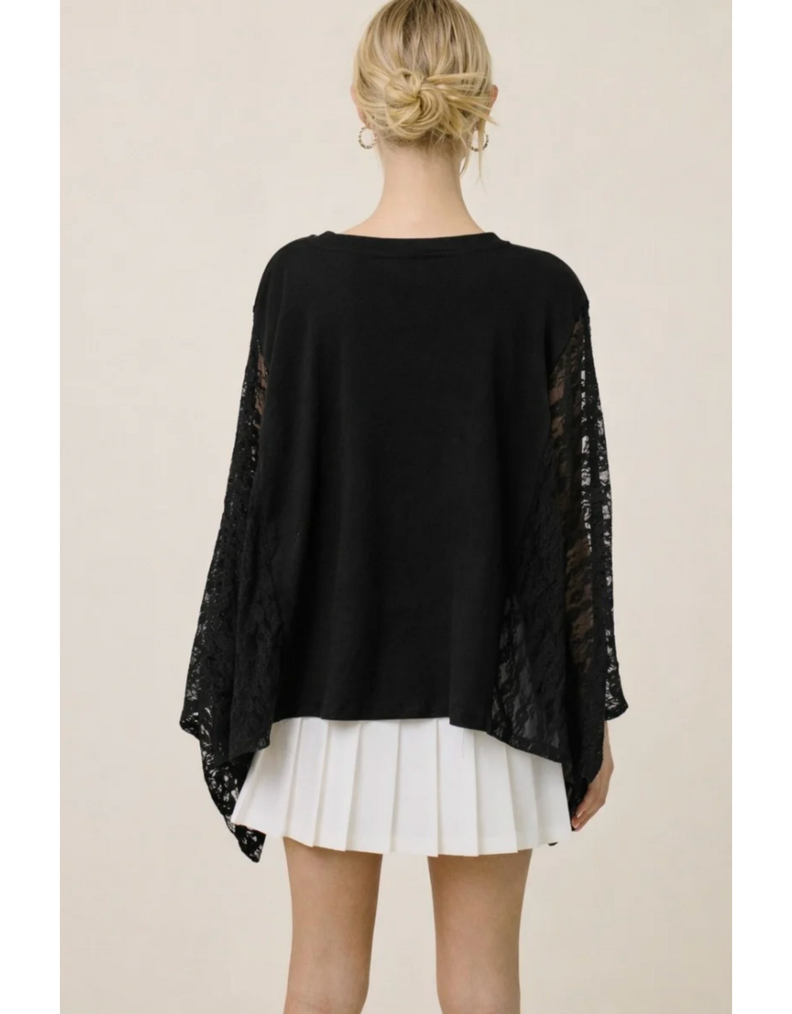 Zutter Free bird vintage graphic relaxed kaftan top w/lace sleeves (Black)