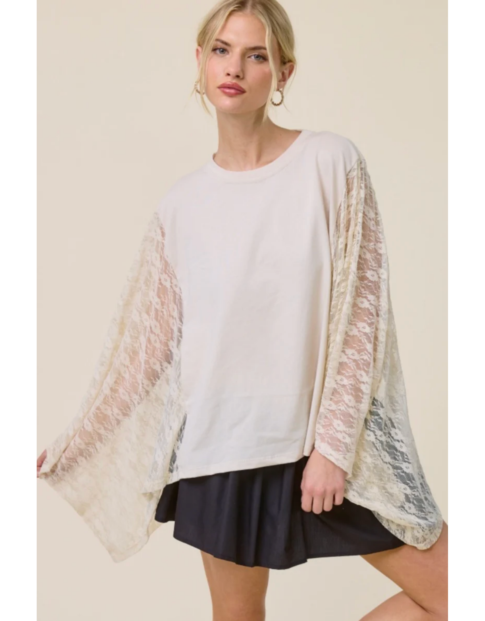 Zutter Lace Wing Sleeve Oversized Kaftan Top (Bone)