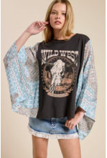 Zutter Wild West Vintage Longhorn Graphic Boho Kaftan Top (Black)
