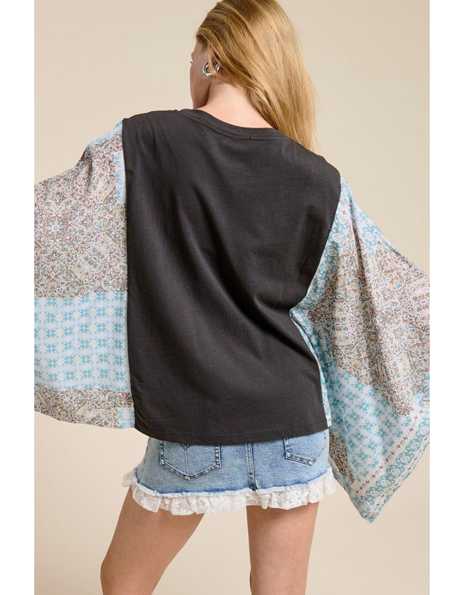 Zutter Wild West Vintage Longhorn Graphic Boho Kaftan Top (Black)