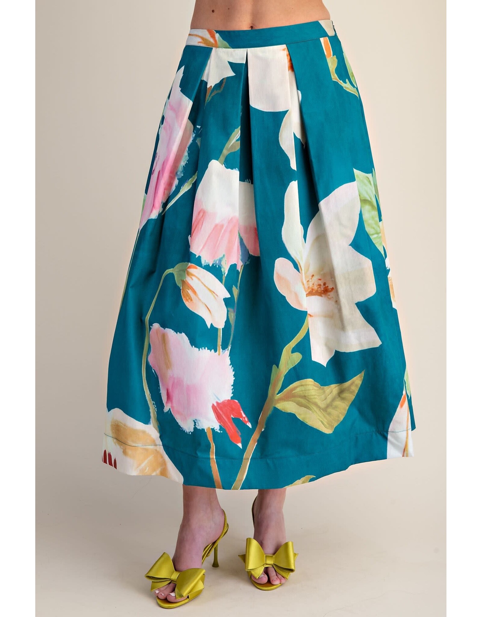 glam Flared Midi Skirt with Pleats (Turquoise)