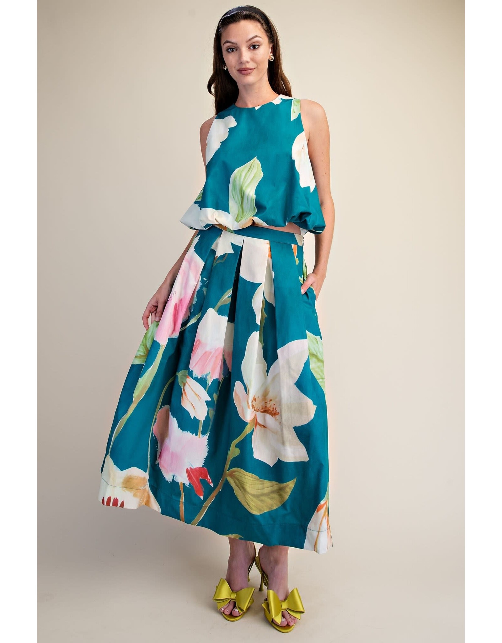 glam Flared Midi Skirt with Pleats (Turquoise)
