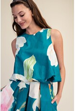 glam Floral Print Sleeveless Top with Bubble Hem (Turquoise)