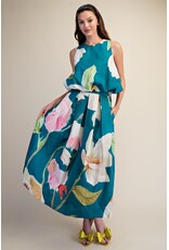 glam Floral Print Sleeveless Top with Bubble Hem (Turquoise)