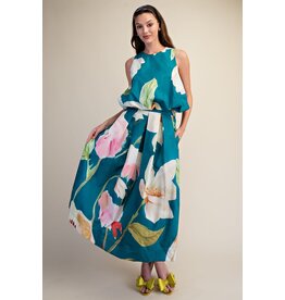 glam Floral Print Sleeveless Top with Bubble Hem (Turquoise)