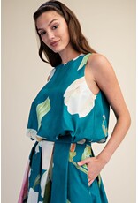 glam Floral Print Sleeveless Top with Bubble Hem (Turquoise)