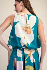 glam Floral Print Sleeveless Top with Bubble Hem (Turquoise)