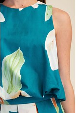 glam Floral Print Sleeveless Top with Bubble Hem (Turquoise)