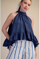 glam Halter Neck Sleeveless Back Neck Tie Ruffle Top (Navy)