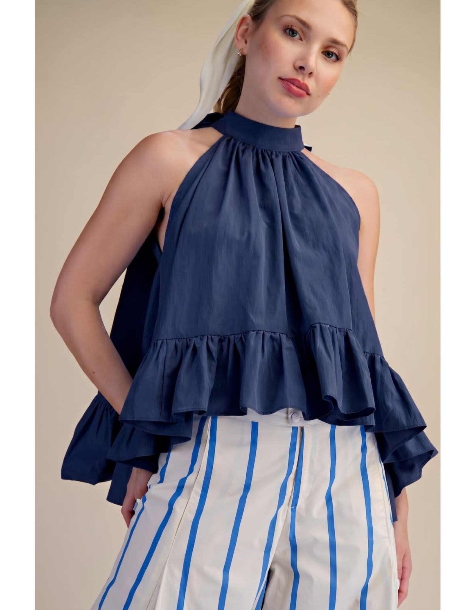 glam Halter Neck Sleeveless Back Neck Tie Ruffle Top (Navy)