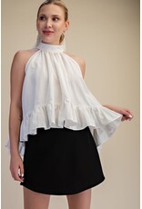 glam Halter Neck Sleeveless Back Neck Tie Ruffle Top (White)