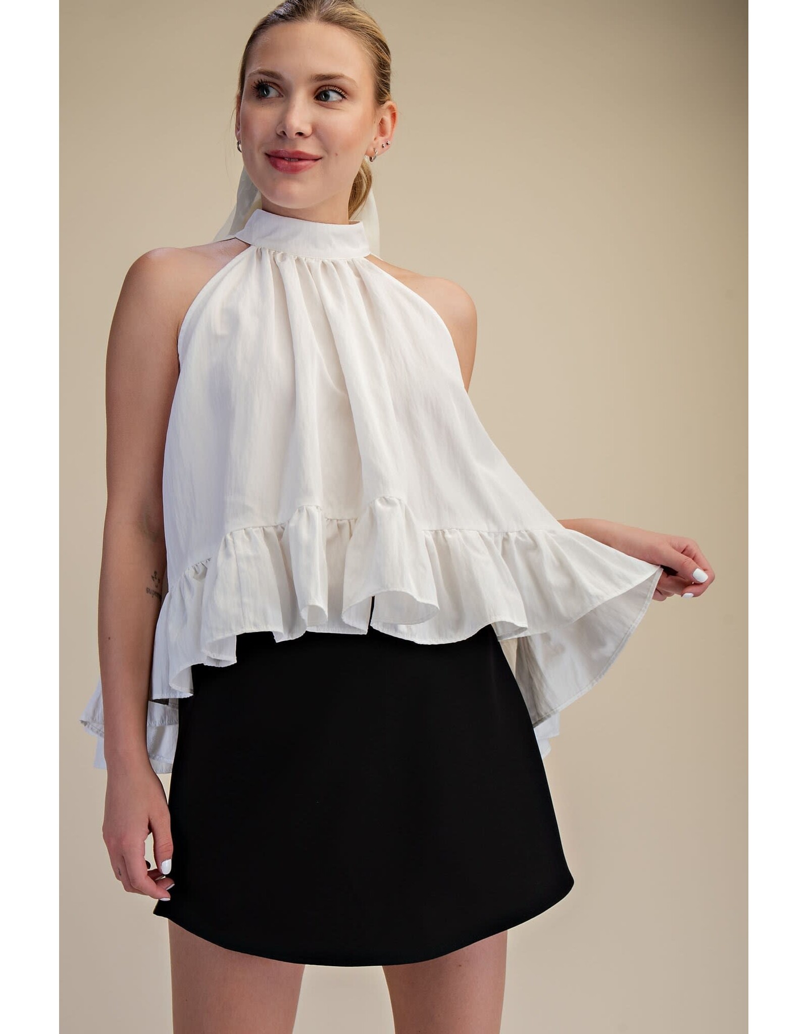 glam Halter Neck Sleeveless Back Neck Tie Ruffle Top (White)