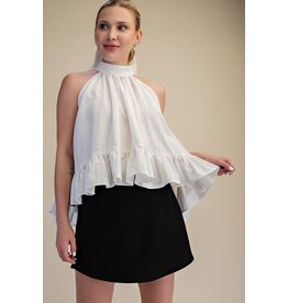 glam Halter Neck Sleeveless Back Neck Tie Ruffle Top (White)