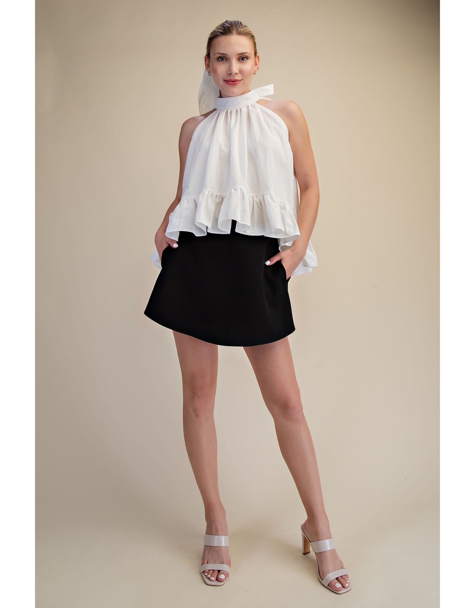 glam Halter Neck Sleeveless Back Neck Tie Ruffle Top (White)