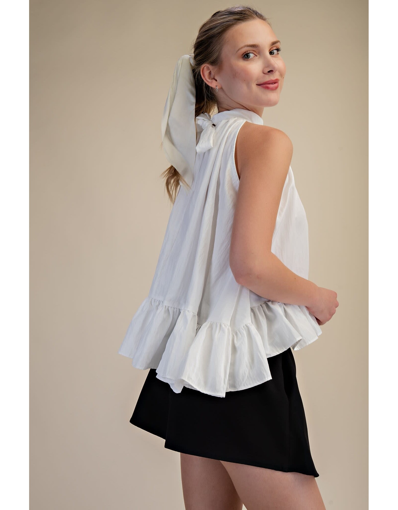 glam Halter Neck Sleeveless Back Neck Tie Ruffle Top (White)