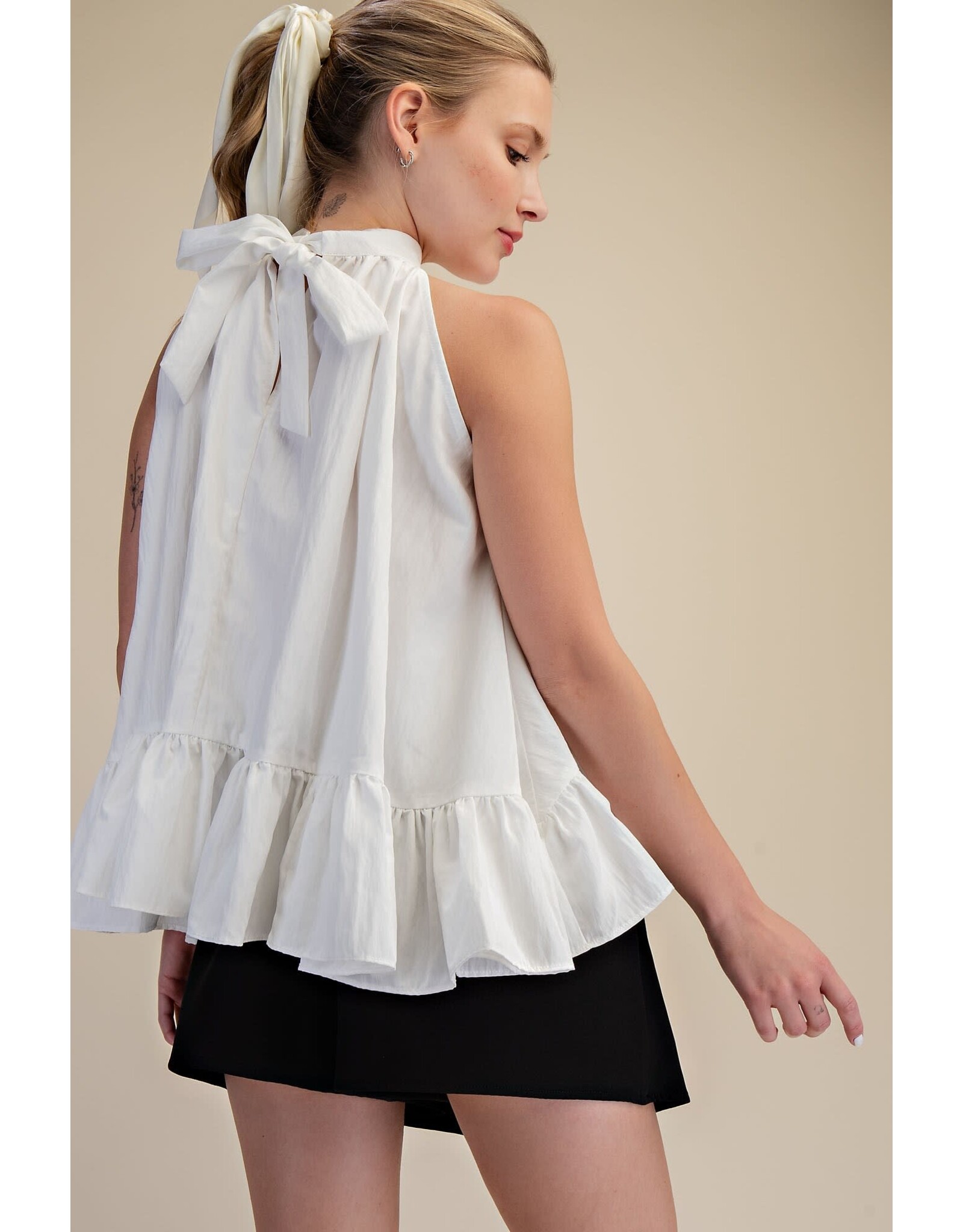 glam Halter Neck Sleeveless Back Neck Tie Ruffle Top (White)