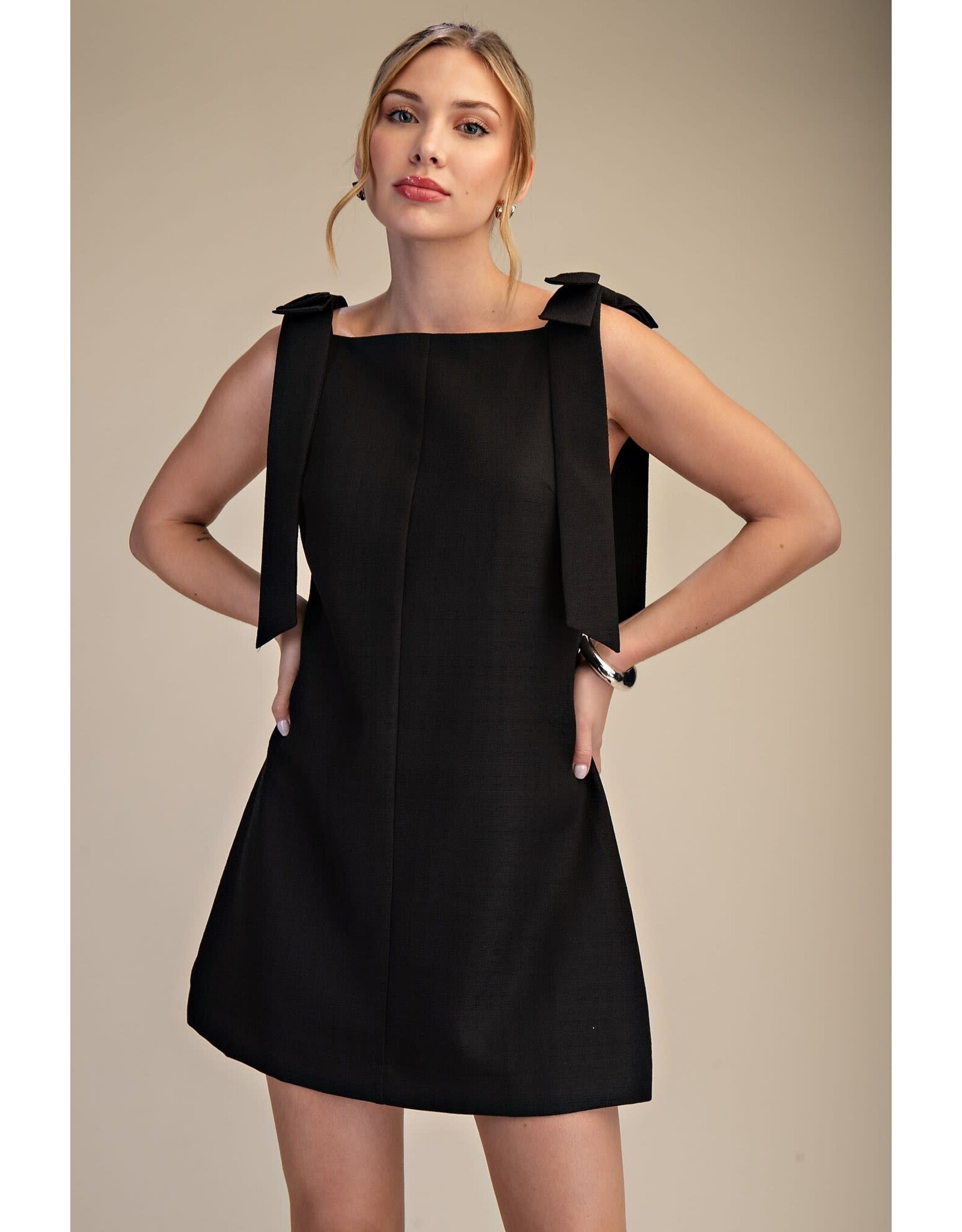 glam Bow Strap Mini Dress Straight Neckline (Black)