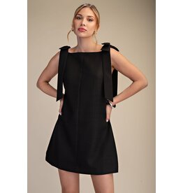 glam Bow Strap Mini Dress Straight Neckline (Black)