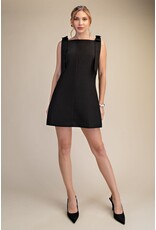 glam Bow Strap Mini Dress Straight Neckline (Black)