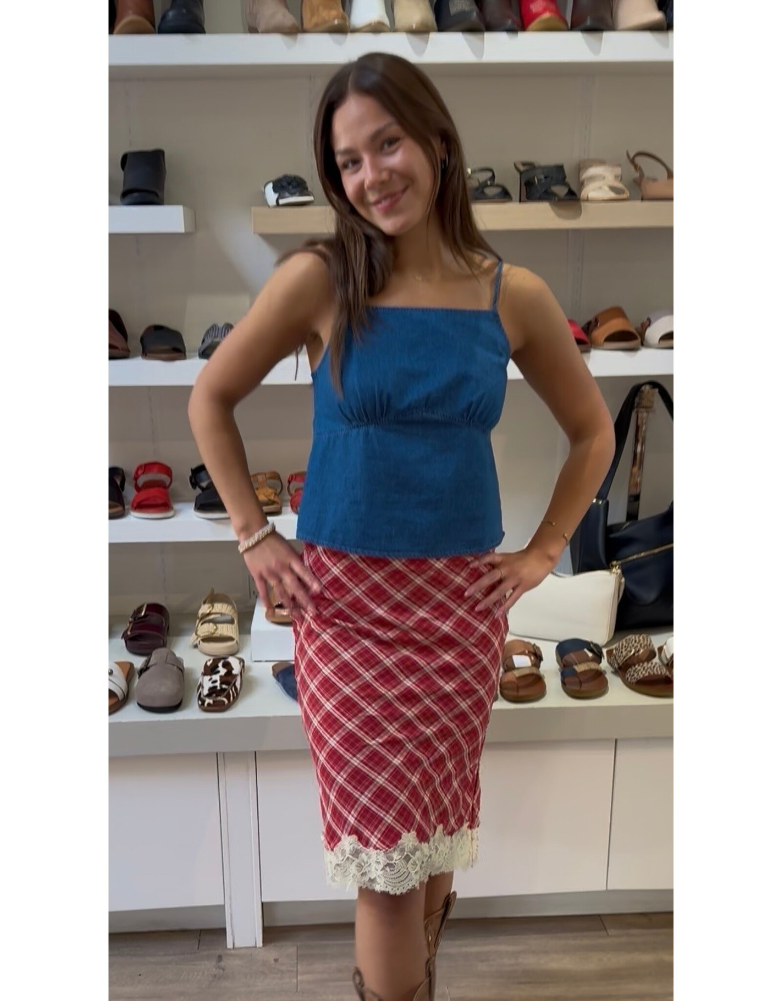 Bailey Rose Plaid Lace Trim Midi Skirt (Red)