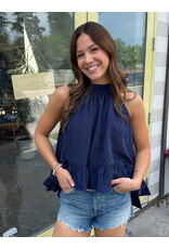 glam Halter Neck Sleeveless Back Neck Tie Ruffle Top (Navy)