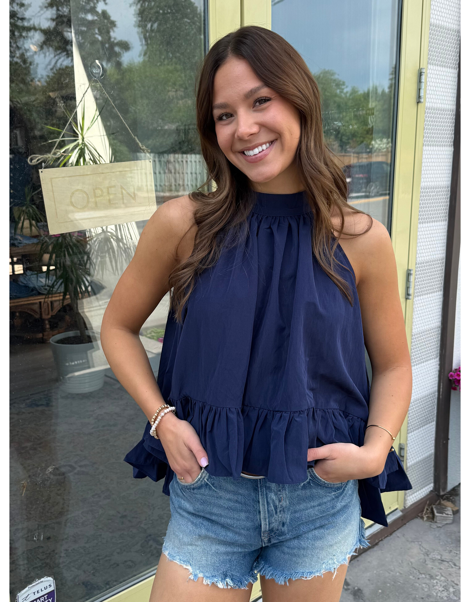 glam Halter Neck Sleeveless Back Neck Tie Ruffle Top (Navy)